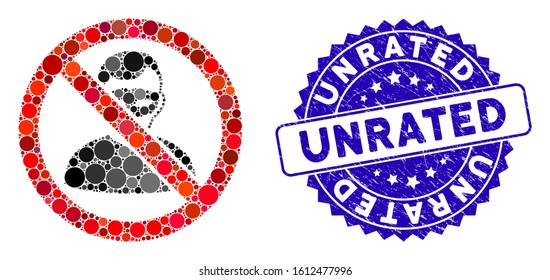 Mosaic no anonymous icon and distressed stamp seal with Unrated text. Mosaic vector is designed from no anonymous icon and with random round spots. Unrated stamp seal uses blue color,