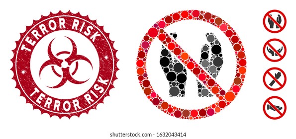 Mosaic no applause icon and grunge stamp seal with Terror Risk caption and biohazard symbol. Mosaic vector is formed with no applause icon and with randomized circle elements.