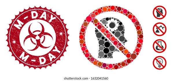 Mosaic no artificial intelligence icon and distressed stamp watermark with M-Day caption and biohazard symbol.