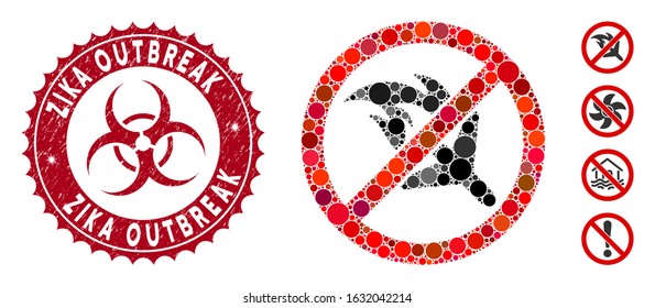 Mosaic no aviation accidents icon and grunge stamp watermark with Zika Outbreak text and biohazard symbol. Mosaic vector is formed with no aviation accidents icon and with scattered round items.