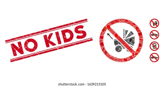Mosaic no baby carriage pictogram and red No Kids seal stamp between double parallel lines. Flat vector no baby carriage mosaic pictogram of scattered rotated rectangular items.