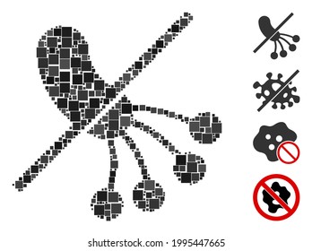 Mosaic No bacteria icon composed of square items in variable sizes and color hues. Vector square items are organized into abstract mosaic no bacteria icon. Bonus icons are placed.