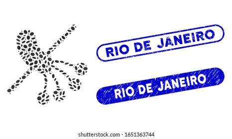 Mosaic no bacteria and rubber stamp seals with Rio De Janeiro phrase. Mosaic vector no bacteria is designed with scattered elliptic elements. Rio De Janeiro stamp seals use blue color,