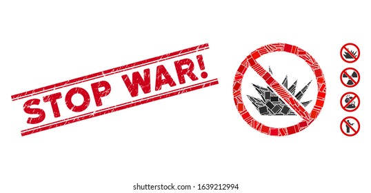 Mosaic no bang icon and red Stop War! seal stamp between double parallel lines. Flat vector no bang mosaic icon of random rotated rectangle items. Red Stop War! seal stamp with distress texture.