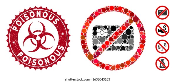 Mosaic no banking card icon and corroded stamp seal with Poisonous phrase and biohazard symbol. Mosaic vector is composed with no banking card icon and with randomized spheric items.