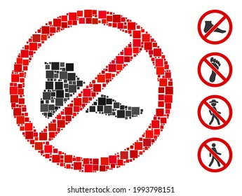 Mosaik No barfoot Symbol entworfen aus quadratischen Elementen in variabler Größe und Farbtönen. Vektorquadratische Elemente sind in abstraktes Mosaik auf barfuß Symbol eingeteilt. Bonuspiktogramme werden hinzugefügt.