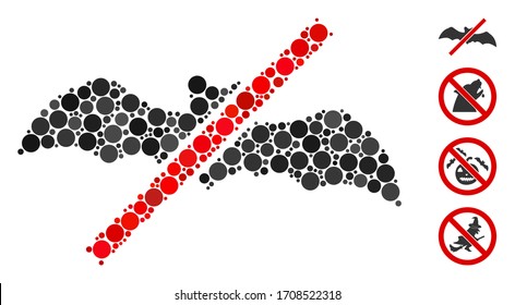 Mosaic No bats icon composed of round elements in random sizes, positions and proportions. Vector spheric elements are combined into abstract collage no bats icon. Some bonus pictograms are added.