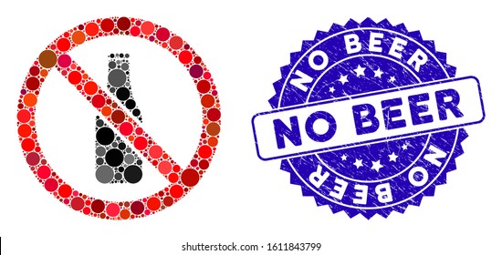 Mosaic no beer bottle icon and rubber stamp watermark with No Beer text. Mosaic vector is designed with no beer bottle icon and with random round items. No Beer stamp uses blue color,