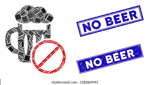 Mosaic no beer drinking icon and rectangular No Beer watermarks. Flat vector no beer drinking mosaic pictogram of random rotated rectangular items. Blue No Beer watermarks with dirty texture.