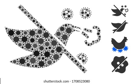 Mosaic no bird flu organized from SARS virus items in random sizes and color hues. Vector infection icons are composed into abstract mosaic no bird flu icon. Some bonus icons are added.