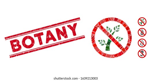 Mosaic no botany pictogram and red Botany seal stamp between double parallel lines. Flat vector no botany mosaic pictogram of randomized rotated rectangle elements.