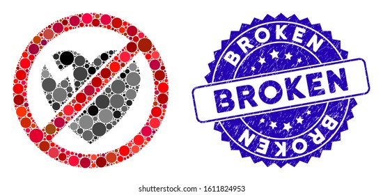 Mosaic no broken heart icon and distressed stamp seal with Broken text. Mosaic vector is composed with no broken heart pictogram and with scattered circle elements. Broken stamp seal uses blue color,