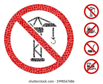 Mosaic No building crane icon composed of square elements in random sizes and color hues. Vector square elements are composed into abstract mosaic no building crane icon. Bonus pictograms are placed.