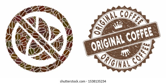 Mosaic no caffeine and corroded stamp seal with Original Coffee phrase. Mosaic vector no caffeine is formed with beans. Original Coffee stamp uses brown color.