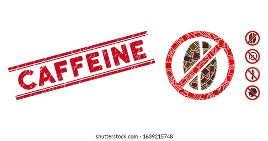 Mosaic no caffeine pictogram and red Caffeine seal stamp between double parallel lines. Flat vector no caffeine mosaic pictogram of random rotated rectangular items.