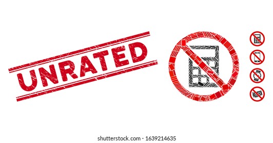 Mosaic no calculator icon and red Unrated seal stamp between double parallel lines. Flat vector no calculator mosaic icon of random rotated rectangular elements.