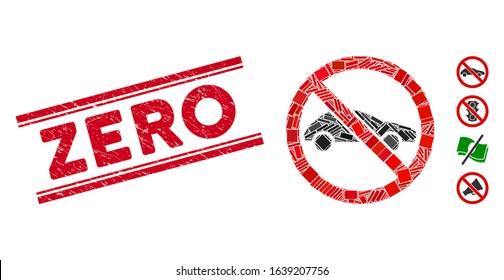 Mosaic no car icon and red Zero watermark between double parallel lines. Flat vector no car mosaic icon of random rotated rectangular elements. Red Zero watermark with rubber texture.