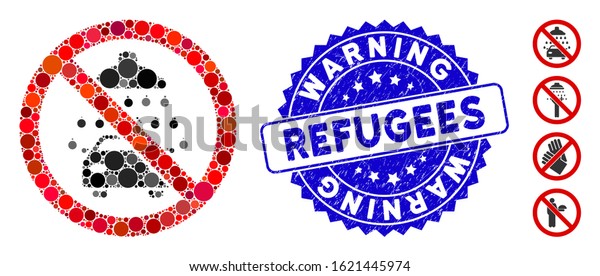 Mosaic no car washing icon\
and corroded stamp seal with Warning Refugees phrase. Mosaic vector\
is created with no car washing icon and with randomized circle\
elements.