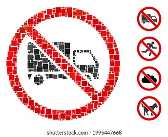 Mosaic No cargo delivery icon composed of square items in random sizes and color hues. Vector square items are arranged into abstract mosaic no cargo delivery icon. Bonus pictograms are added.