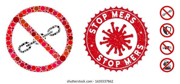 Mosaic no chain icon and red round corroded stamp seal with Stop Mers caption and coronavirus symbol. Mosaic vector is formed with no chain pictogram and with scattered round spots.