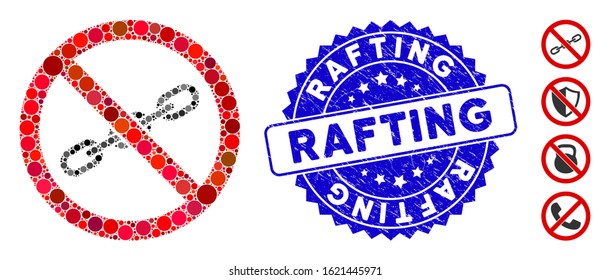 Mosaic no chain icon and rubber stamp seal with Rafting text. Mosaic vector is created with no chain pictogram and with scattered circle elements. Rafting stamp seal uses blue color,