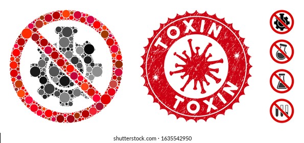 Mosaic no chemical industry icon and red round rubber stamp seal with Toxin text and coronavirus symbol. Mosaic vector is composed with no chemical industry icon and with random round items. svg