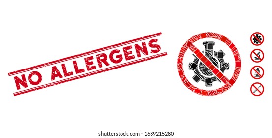 Mosaic no chemical industry icon and red No Allergens seal between double parallel lines. Flat vector no chemical industry mosaic pictogram of scattered rotated rectangle elements.