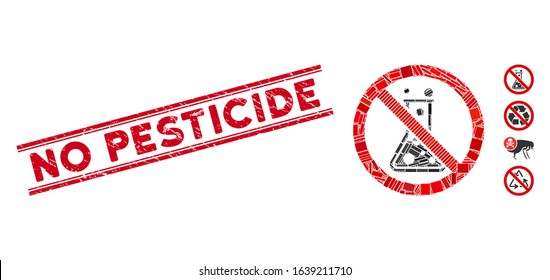 Mosaic no chemical reaction icon and red No Pesticide stamp between double parallel lines. Flat vector no chemical reaction mosaic icon of randomized rotated rectangular items.