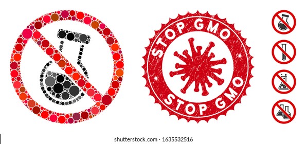 Mosaic no chemical retort icon and red round corroded stamp seal with Stop GMO phrase and coronavirus symbol. Mosaic vector is composed with no chemical retort icon and with scattered circle spots.