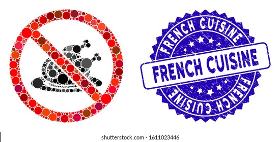 Mosaic no chicken dish icon and rubber stamp watermark with French Cuisine text. Mosaic vector is created with no chicken dish icon and with random round spots. French Cuisine stamp uses blue color,
