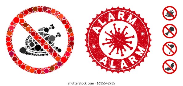 Mosaic no chicken dish icon and red round corroded stamp watermark with Alarm caption and coronavirus symbol. Mosaic vector is designed with no chicken dish icon and with scattered spheric spots.