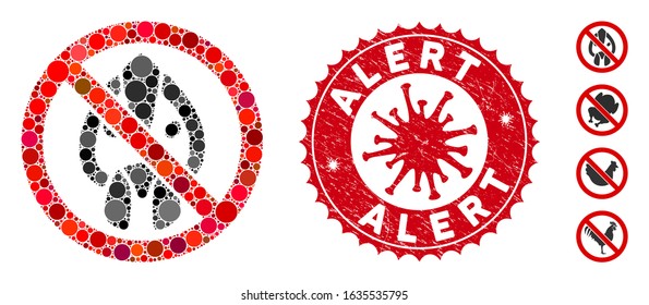 Mosaic no chicken head icon and red rounded rubber stamp watermark with Alert caption and coronavirus symbol. Mosaic vector is composed with no chicken head icon and with randomized circle elements.