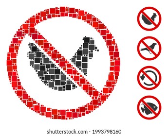 Mosaic No chicken icon composed of square elements in variable sizes and color hues. Vector square elements are composed into abstract composition no chicken icon. Bonus pictograms are added.
