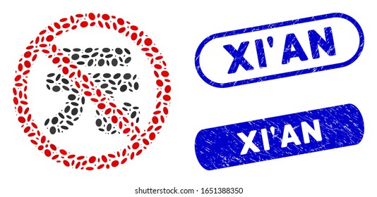 Mosaic no chinese yuan and distressed stamp seals with Xi'An text. Mosaic vector no chinese yuan is created with scattered elliptic dots. Xi'An stamp seals use blue color,
