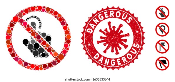 Mosaic no click icon and red round rubber stamp seal with Dangerous caption and coronavirus symbol. Mosaic vector is created with no click pictogram and with scattered round elements.