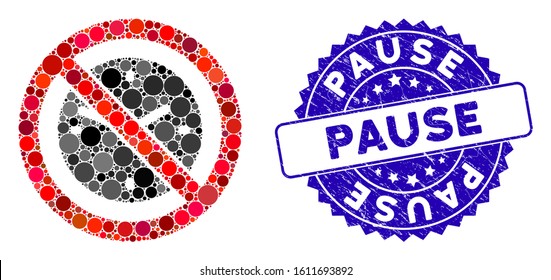 Mosaic no clock icon and corroded stamp seal with Pause text. Mosaic vector is created with no clock icon and with random spheric items. Pause stamp seal uses blue color, and dirty texture.