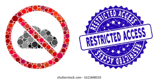 Mosaic no cloud icon and grunge stamp seal with Restricted Access text. Mosaic vector is designed with no cloud pictogram and with random spheric elements.