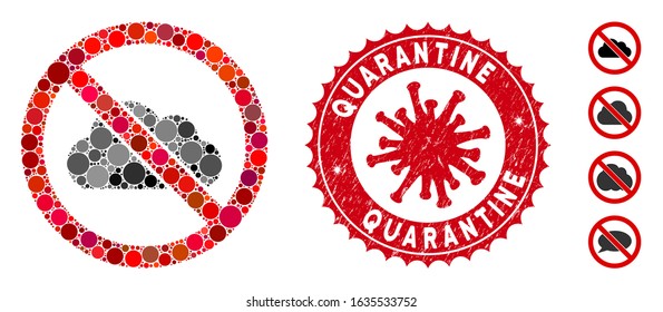 Mosaic no cloud icon and red round corroded stamp seal with Quarantine phrase and coronavirus symbol. Mosaic vector is designed with no cloud icon and with scattered round spots.