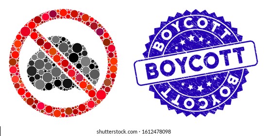 Mosaic no clouds icon and grunge stamp seal with Boycott text. Mosaic vector is designed from no clouds pictogram and with randomized round items. Boycott stamp seal uses blue color,