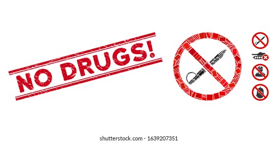 Mosaic no cold weapon icon and red No Drugs! seal stamp between double parallel lines. Flat vector no cold weapon mosaic icon of scattered rotated rectangle items.