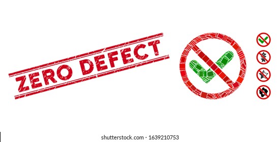 Mosaic no confirmation pictogram and red Zero Defect seal stamp between double parallel lines. Flat vector no confirmation mosaic pictogram of scattered rotated rectangle items.