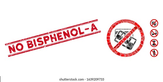 Mosaic no credit cards icon and red No Bisphenol-A stamp between double parallel lines. Flat vector no credit cards mosaic icon of randomized rotated rectangle items.
