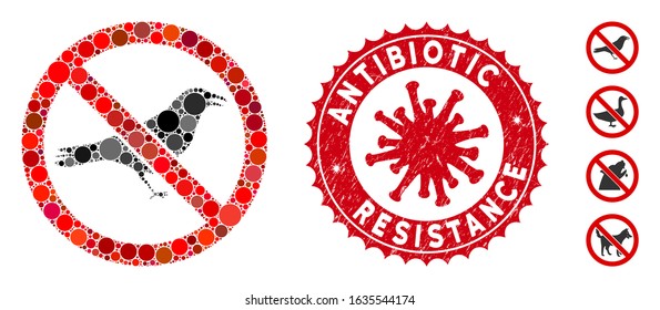 Mosaic no crow icon and red round rubber stamp seal with Antibiotic Resistance phrase and coronavirus symbol. Mosaic vector is composed from no crow icon and with randomized spheric elements.