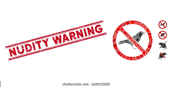 Mosaic no crow icon and red Nudity Warning seal between double parallel lines. Flat vector no crow mosaic icon of scattered rotated rectangular elements.