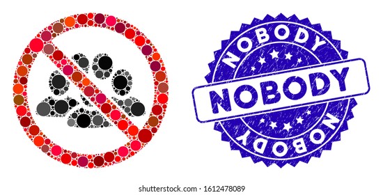 Mosaic no crowd icon and grunge stamp seal with Nobody phrase. Mosaic vector is designed with no crowd icon and with scattered spheric spots. Nobody stamp seal uses blue color, and grunge design.