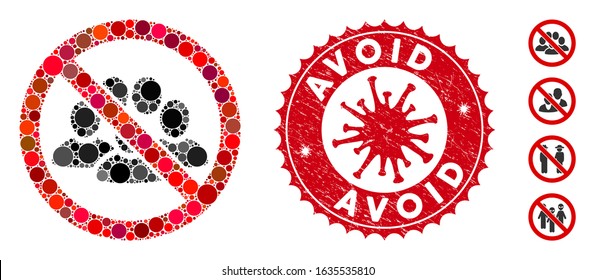 Mosaic no crowd icon and red rounded rubber stamp seal with Avoid phrase and coronavirus symbol. Mosaic vector is composed with no crowd icon and with random spheric items. Avoid seal uses red color,
