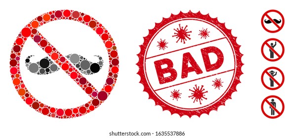 Mosaic no curly mustache icon and red round grunge stamp seal with Bad caption and coronavirus symbol. Mosaic vector is formed with no curly mustache pictogram and with random round elements.