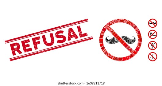Mosaic no curly mustache pictogram and red Refusal seal stamp between double parallel lines. Flat vector no curly mustache mosaic pictogram of randomized rotated rectangular items.