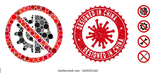 Mosaic no cyborgs icon and red rounded grunge stamp seal with Designed in China phrase and coronavirus symbol. Mosaic vector is composed with no cyborgs icon and with scattered spheric items.