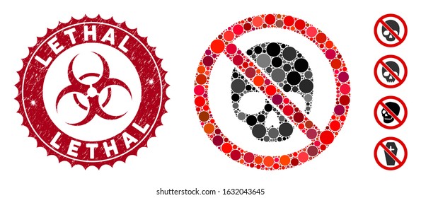 Mosaic no dead skull icon and grunge stamp seal with Lethal caption and biohazard symbol. Mosaic vector is formed with no dead skull icon and with random circle items.